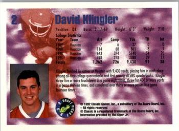 1992 Classic Blister #2 David Klingler Back