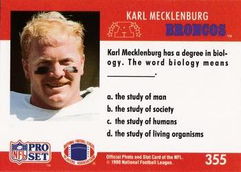 1990 Pro Set FACT Cincinnati #355 Karl Mecklenburg Back