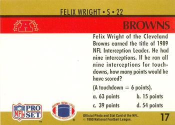1990 Pro Set FACT Cincinnati #17 Felix Wright Back