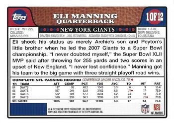 2008 Topps New York Giants #NYG1 Eli Manning Back