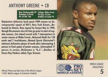 1991 Pro Set WLAF World Bowl Combo #5 Anthony Greene Back
