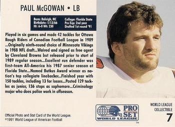 1991 Pro Set WLAF World Bowl Combo #7 Paul McGowan Back