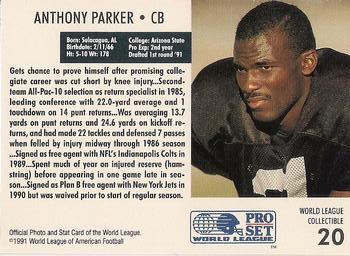1991 Pro Set WLAF World Bowl Combo #20 Anthony Parker Back