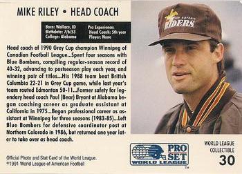 1991 Pro Set WLAF World Bowl Combo #30 Mike Riley Back