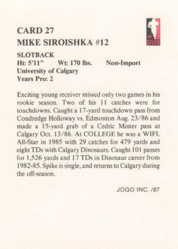 1987 JOGO #27 Mike Siroishka Back