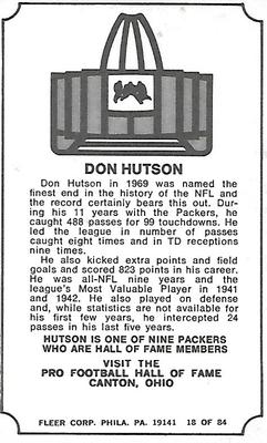 1975 Fleer Football Patches - Immortal Roll #18 Don Hutson Back
