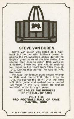 1975 Fleer Football Patches - Immortal Roll #47 Steve Van Buren Back
