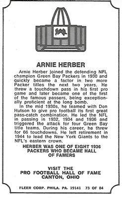 1975 Fleer Football Patches - Immortal Roll #73 Arnie Herber Back