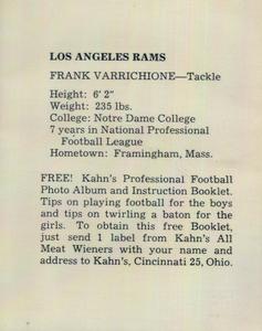1961 Kahn's Wieners #NNO Frank Varrichione Back