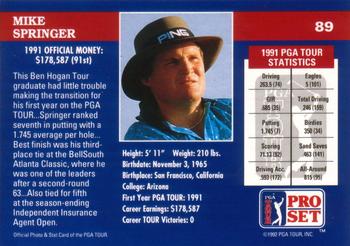 1992 Pro Set PGA Tour #89 Mike Springer Back