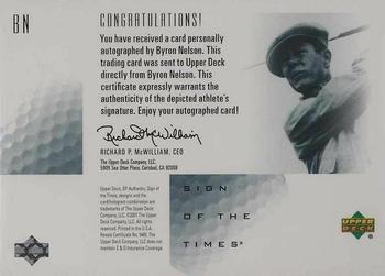 2001 SP Authentic - Sign of the Times #BN Byron Nelson Back