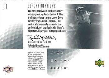 2001 SP Authentic - Sign of the Times #JL Justin Leonard Back