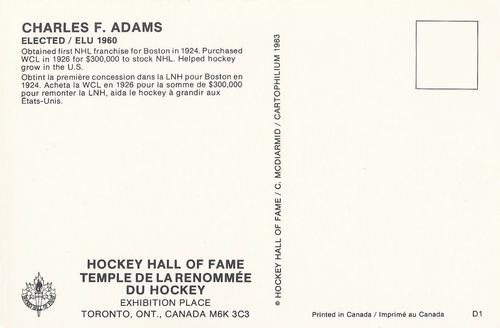 1983 Cartophilium Hockey Hall of Fame Postcards #D1 Charles F. Adams Back