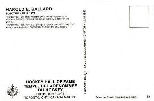 1983 Cartophilium Hockey Hall of Fame Postcards #E2 Harold Ballard Back