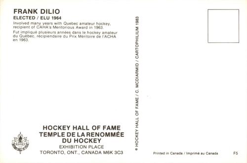 1983 Cartophilium Hockey Hall of Fame Postcards #F5 Frank Dilio Back