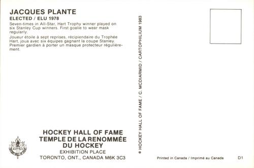 1983 Cartophilium Hockey Hall of Fame Postcards #F10 Jacques Plante Back