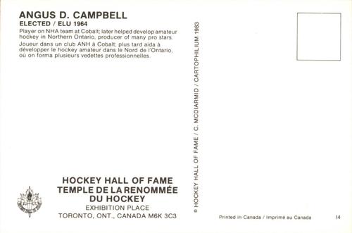1983 Cartophilium Hockey Hall of Fame Postcards #I4 Angus Campbell Back