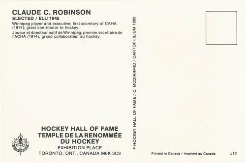 1983 Cartophilium Hockey Hall of Fame Postcards #J12 Claude Robinson Back
