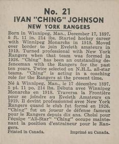 1937-38 World Wide Gum (V356) #21 Ching Johnson Back
