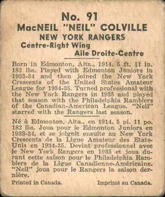 1937-38 World Wide Gum (V356) #91 Neil Colville Back