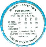 1962-63 Shirriff Coins #22 Don Simmons Back