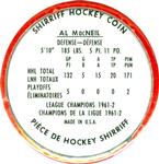 1962-63 Shirriff Coins #40 Al MacNeil Back