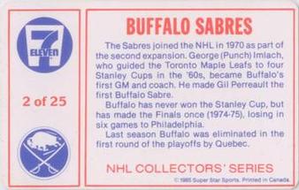 1985-86 7-Eleven NHL Collectors' Series #2 Tom Barrasso / Gil Perreault Back