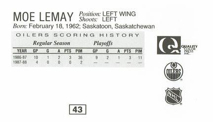 1988-89 Edmonton Oilers Action Magazine Tenth Anniversary Commemerative #43 Moe Lemay Back