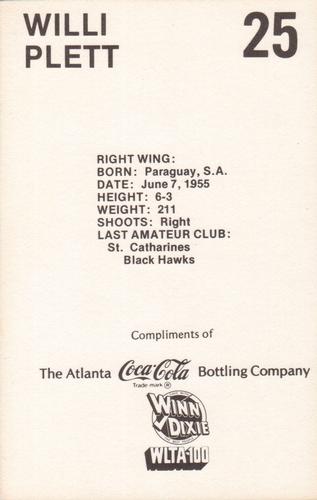 1979-80 Coca-Cola Atlanta Flames #NNO Willi Plett Back