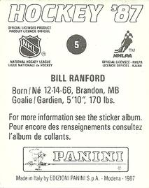 1987-88 Panini Hockey Stickers #5 Bill Ranford Back