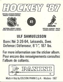 1987-88 Panini Hockey Stickers #41 Ulf Samuelsson Back