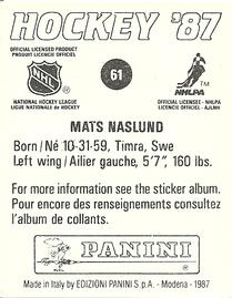 1987-88 Panini Hockey Stickers #61 Mats Naslund Back