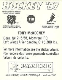 1987-88 Panini Hockey Stickers #118 Tony McKegney Back