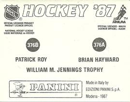1987-88 Panini Hockey Stickers #376 Brian Hayward / Patrick Roy Back