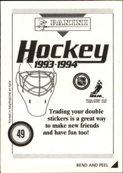 1993-94 Panini Hockey Stickers #49 Kevin Dineen Back