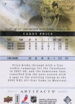 2010-11 Upper Deck Artifacts #7 Carey Price  Back
