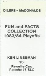 1983-84 McDonald's Edmonton Oilers Stickers #NNO Ken Linseman Back