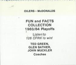 1983-84 McDonald's Edmonton Oilers Stickers #NNO Ted Green / Glen Sather / John Muckler Back