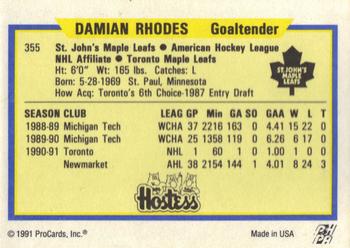 1991-92 ProCards AHL/IHL/CoHL #355 Damian Rhodes Back