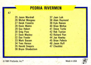 1991-92 ProCards AHL/IHL/CoHL #47 Peoria Rivermen Checklist Back
