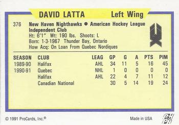 1991-92 ProCards AHL/IHL/CoHL #376 David Latta Back