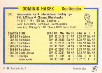 1991-92 ProCards AHL/IHL/CoHL #500 Dominik Hasek Back