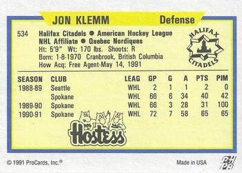 1991-92 ProCards AHL/IHL/CoHL #534 Jon Klemm Back