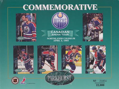 1992-93 Parkhurst - Canadian Arena Tour Sheets #NNO Zdeno Ciger / Bill Ranford / Todd Elik / Igor Kravchuk / Craig MacTavish / Shayne Corson Front