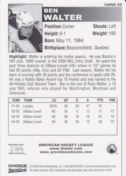 2005-06 Choice Providence Bruins (AHL) #22 Ben Walter Back