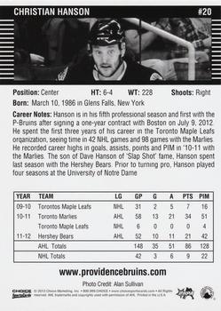 2012-13 Choice Providence Bruins (AHL) #20 Christian Hanson Back