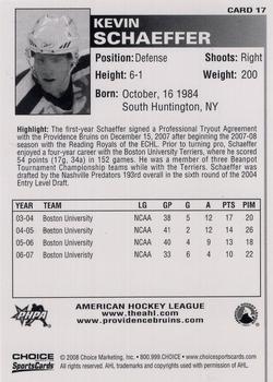 2007-08 Choice Providence Bruins (AHL) #17 Kevin Schaeffer Back