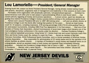 1990-91 Carretta New Jersey Devils #14 Lou Lamoriello  Back