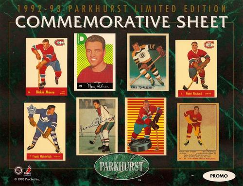1992-93 Parkhurst - Commemorative Sheets Promos #NNO Dickie Moore / Norm Ullman / Jerry Toppazzini / Henri Richard / Frank Mahovlich / Jean Beliveau / Bernie Geoffrion / Ted Lindsay Front