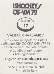 1972 Semic Ishockey OS-VM (Swedish) Stickers #17 Valeri Kharlamov Back